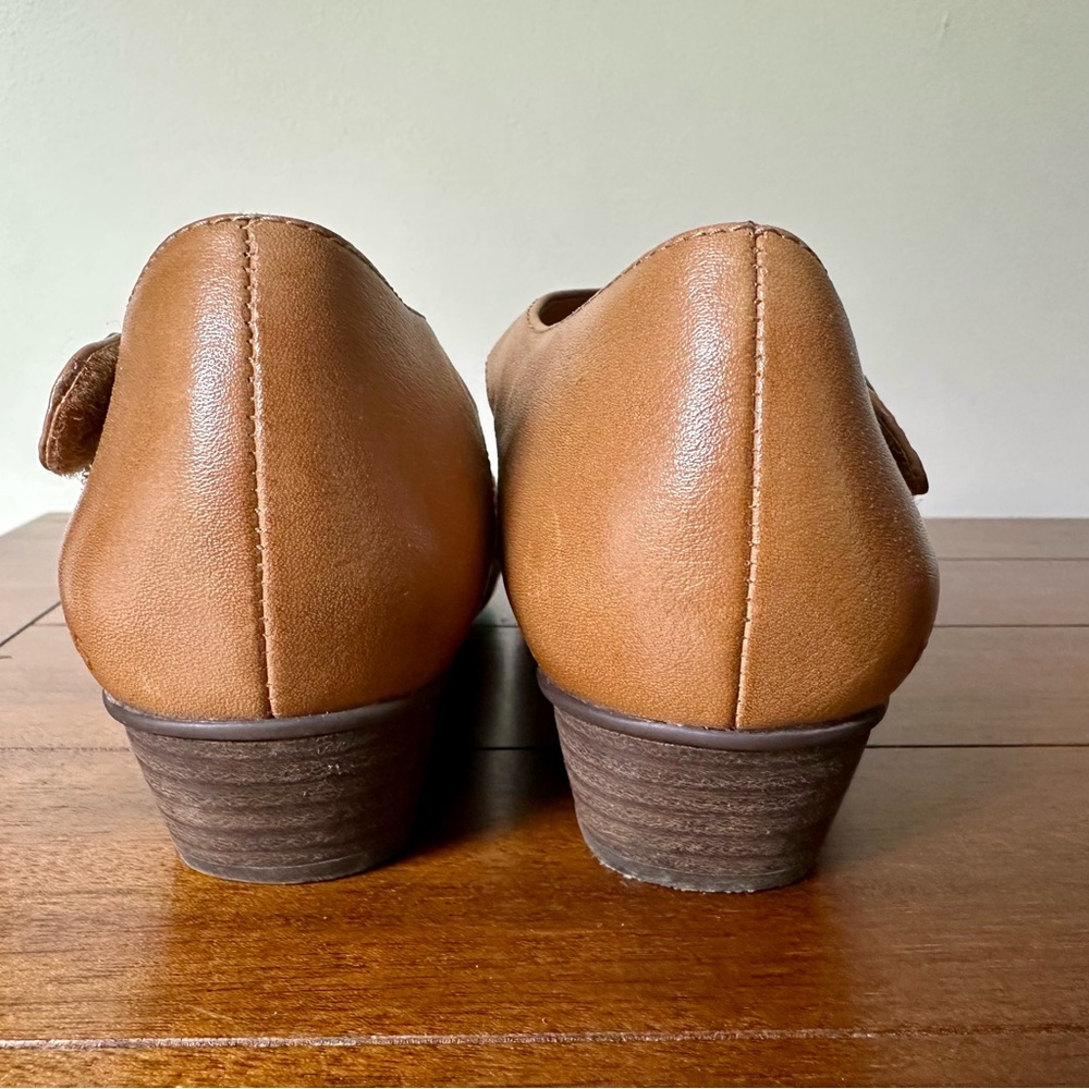 Taos Tango Tan Brown Leather Women Mary Jane Wedge Block Cutout Shoes Size 7 38 - Picture 4 of 10